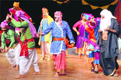 Artists stage a play Phool Nautanki Vilas at the Tagore Theatre, Sector 18, Chandigarh, on Wednesday.