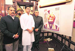 Union Minister of State for Communications and IT Sachin Pilot along with Dr Karan Singh and Vikram Aditya Singh at the release function of a postal stamp on Maharaja Gulab Singh at Amar Mehal in Jammu on Wednesday