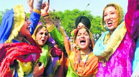 Girls rejoice after performing Gidda on the first day of Punjabi University Ropar Zone Youth Festival at Rayat Bahra college near Chandigarh