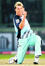 NSW Blues player Brett Lee celebrates the wicket of A Blizzard at the Ferozshah Kotla stadium in New Delhi on Wednesday.