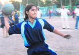 Puja of Haryana in action during their throwball match against Orissa on the first day of the National School Games at Sector 7 in Chandigarh on Thursday.