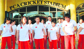 The Chinese women’s cricket team come out of the PCA stadium in Mohali on Thursday.