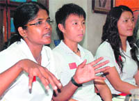 Mamta Menon (left), coach of the Chinese team, interacts with the media at the PCA stadium in Mohali on Thursday.