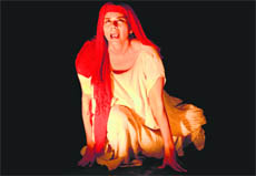 Meeta Vashisht performs the solo-act play Lal Ded at the Tagore Theatre in Chandigarh on Thursday. 
