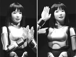 This combo picture shows a humanoid robot HRP-4C, developed by Japan's Advanced Industrial Science and Technology (AIST) showing her skills during the Digital Contents Expo in Tokyo on October 22, 2009.