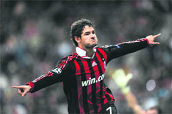A.C. Milans forward Pato celebrates scoring a goal against Real Madrid at Santiago Bernabeu stadium in Madrid on Wednesday.