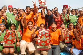 Ludhiana girls express their joy after clinching the overall trophy at the Punjab State Rural Games for girls (Under-18) organised at Talwandi Sabo in Bathinda district on Friday.