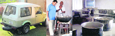 An official vehicle of the forest department being used to ferry raw material; and cauldrons of panjiri being cooled at the Seonk forest guesthouse after being prepared by an employee of the department.