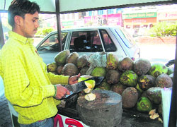 A coconut seller at a street in Dehradun.