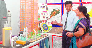 A student explains a model to a teacher at a social science exhibition held at Kendriya Vidyalaya, Ordinance Factory, Raipur, on Friday.