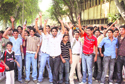 Members of the Jammu Joint Students Federation hold a protest in Jammu