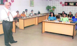 A resource person during a workshop at BCM School in Ludhiana on Friday.