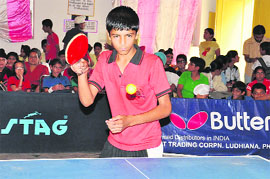 A player in action during a table tennis match in Ludhiana. 