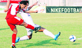 JCTs Baljit Sahni takes a shot against Churchill Brothers at Ludhiana on Friday.