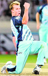 Brett Lee celebrates a wicket on Friday.