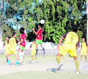 A match in progress at the 90th Gautam Gurung Memorial Football Tournament in Dehradun on Sunday.
