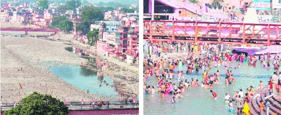A view of Har-ki-Pauri during Ganga closure on Saturday afternoon and (right) after the resumption of water flow at the same place