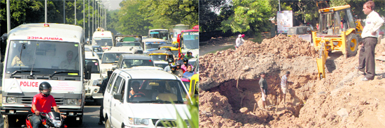Ambulances among other vehicles stuck in a jam due to ongoing maintenance work at the PGI in Chandigarh on Monday.