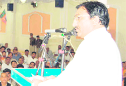 CM Nishank addresses BJP Workers Convention in Haridwar on Monday.