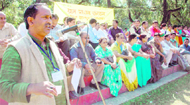 Gram pradhans hold a demonstration at Gandhi Park, Dehradun, on Monday.