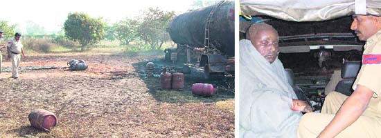 The site at which explosions took place in LPG cylinders near Kohand in Karnal; and (right) the driver of the tanker being taken to hospital