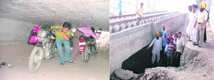 People pass through a small passage under a railway line near Dukhnivaran Gurdwara (left) Sarabjit Singh Kaka councillor, shows the place being used by the commuters.