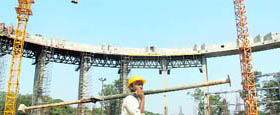 Construction work in progress at the Shyama Prasad Mukherjee stadium in New Delhi on Monday.
