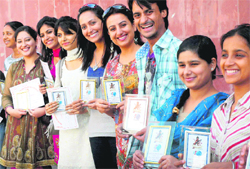 Students in a jubilant mood after being honoured at a prize-distribution function organised by the Akhil Bharatiya Vidyarathi Parishad at Panjab University, Chandigarh,