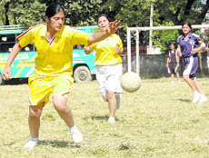 A match in progress at the GRR Sahodaya Complex Inter-School Girls Handball Tournament in Dehradun on Tuesday.