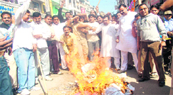 BJP activists burn effigies of the PM and union minister Harish Rawat in Haridwar 