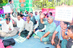 Contractual employees of the Power Department stage a dharna at the Gandhi Park in Dehradun 