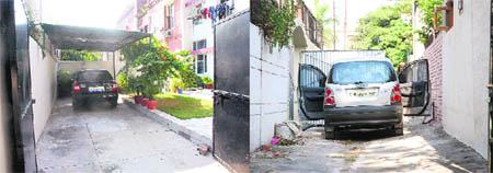A service lane blocked by constructing a parking lot; and (right) a gate put up in the service lane in Sector 15, Chandigarh.