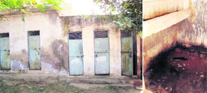 The doors of four toilets have been locked at Government High School, Baltana; and (right) insanitary conditions prevail in the fifth toilet.