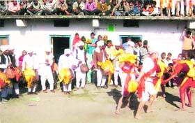 A scene of the Ramman festival at a village in Joshimath