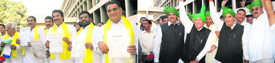 HJC legislators before entering the Vidhan Sabha in Chandigarh on Wednesday; and (right) INLD chief OP Chautala with his green brigade.