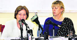  Nobel laureates Mairead Corrigan Maguire and Jody Williams addressing a press conference at Dharamsala on Wednesday.