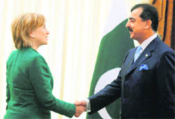 US Secretary of State Hillary Rodham Clinton with Pakistani Prime Minister Yousuf Raza Gilani, prior to their talks at Prime Minister House in Islamabad on Wednesday. 
