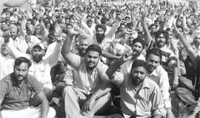 Members of the Punjab Taxi Union Sangharsh Committee stage a dharna at Fatehgarh Sahib