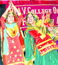 Girls present giddha at the zonal youth festival at DAV College of Education for Women in Amritsar on Thursday.