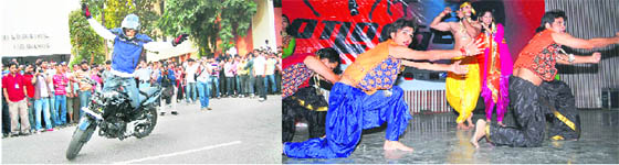 A professional biker performs stunts during Motomania; and (right) students display their dance skills during Footloose at the Thomso 09 in Roorkee on Friday.