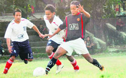 A match in the ninth Gautam Gurung Memorial Football Tournament in Dehradun on Friday.