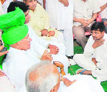 INLD chief OP Chautala with residents of Chahaarwala village in Ellenabad on Friday.
