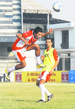JCT players in action during the practice session on the eve of ONGC-I League match against Mahindra United