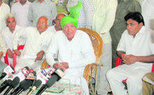 INLD supremo Om Prakash Chautala talks to mediapersons at Kutiana in Ellenabad on Saturday.