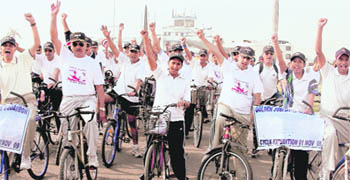 Participants at the cycle rally in a jubilant mood.