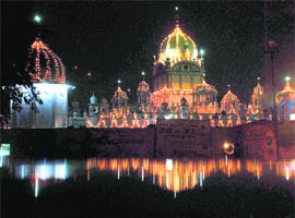 Gurdwara Amab Sahib all decked up on the eve of Gurpurb in Mohali on Sunday.