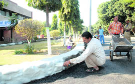 Panjab University engineering department workers give final touches to a road berm ahead of the Prime Minister’s visit to the university.