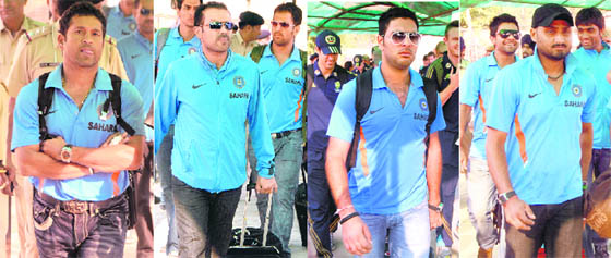 Sachin Tendulkar, Virender Sehwag, MS Dhoni, Yuvraj Singh and Harbhajan Singh arrive in Chandigarh on Sunday for a One-Day International match against Australia in Mohali.