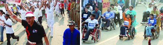 Delhiites participate in the Airtel Delhi Half Marathon-2009 in New Delhi on Sunday. Physically-challenged at the marathon.