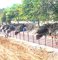 A view of ongoing project to build a ghat on the Ganga in Haridwar.